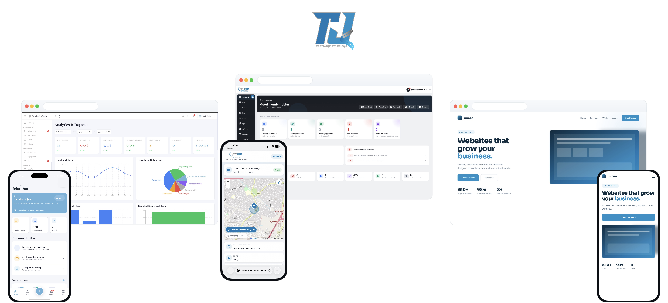 HRify, OPSEN and a client website shown on desktop and phone