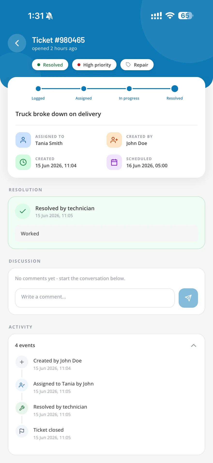 A ticket open in the OPSEN mobile app