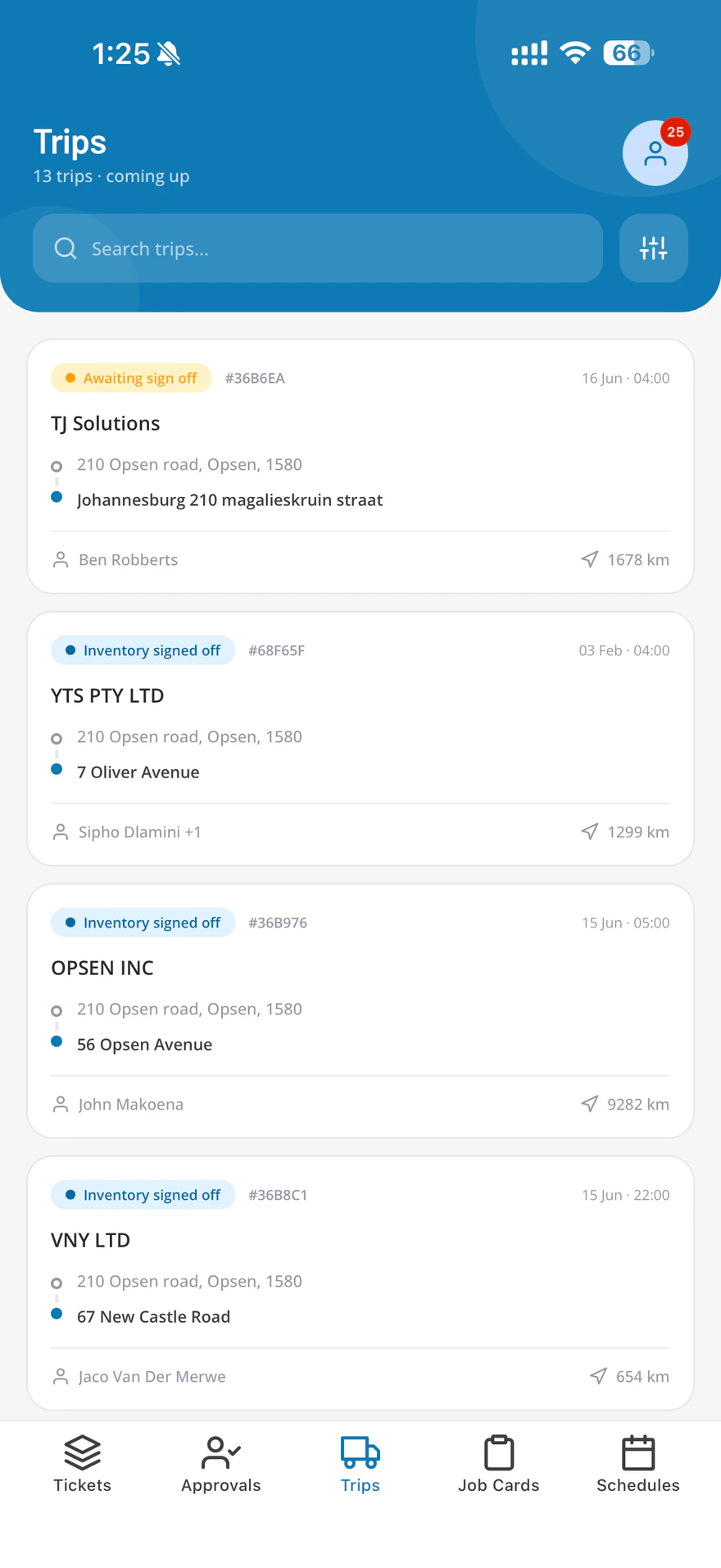 Today's trips in the OPSEN mobile app